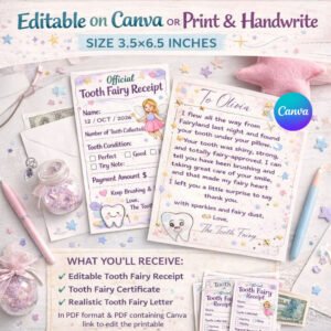 editable tooth fairy receipt & letter | canva template | instant download